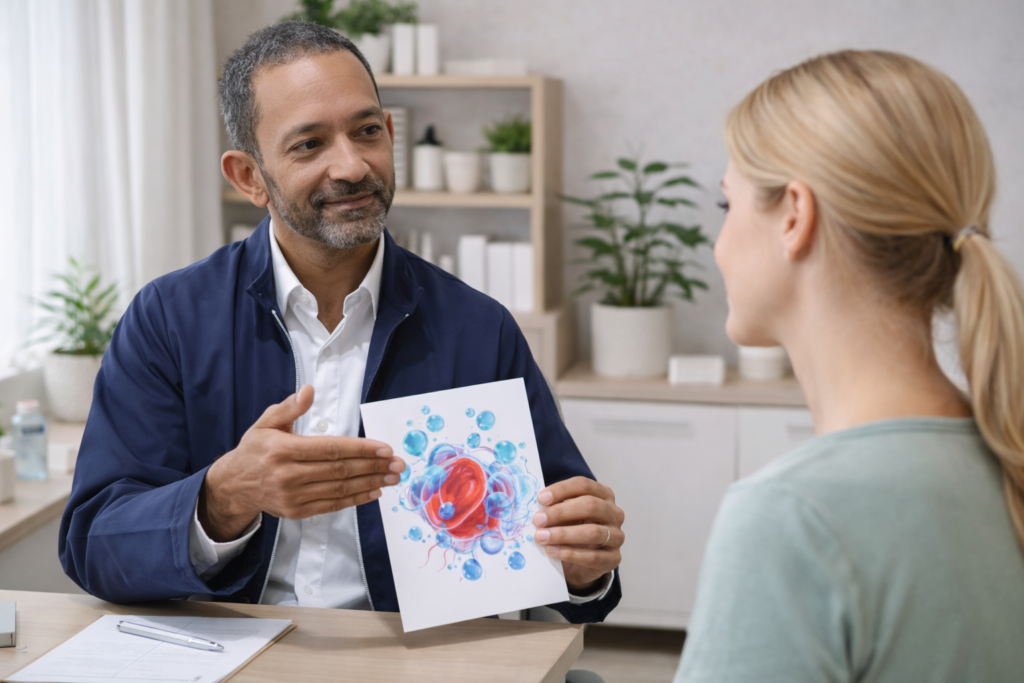 médico explicando tratamento de ozonioterapia em consulta